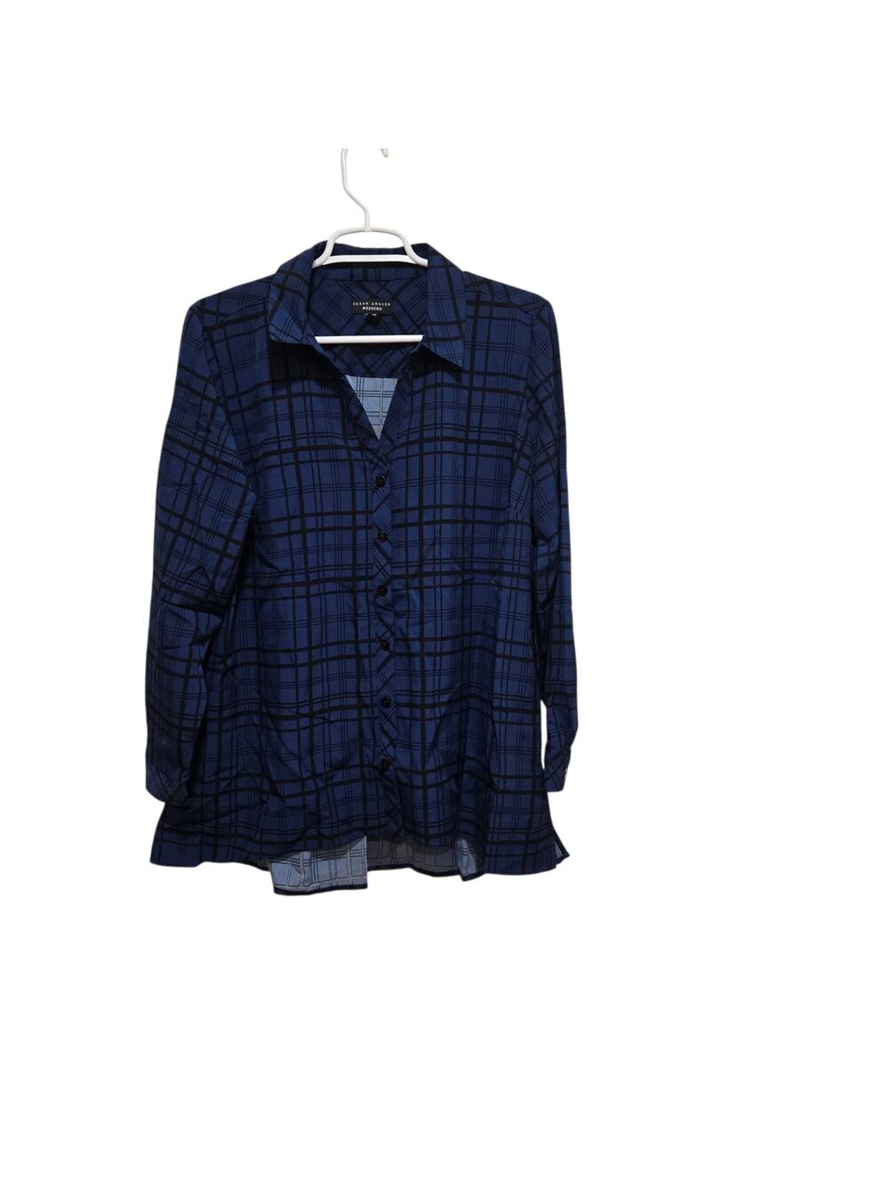 Susan Graver Weekend MP Blue Plaid Tunic Blouse Button Front Shirt